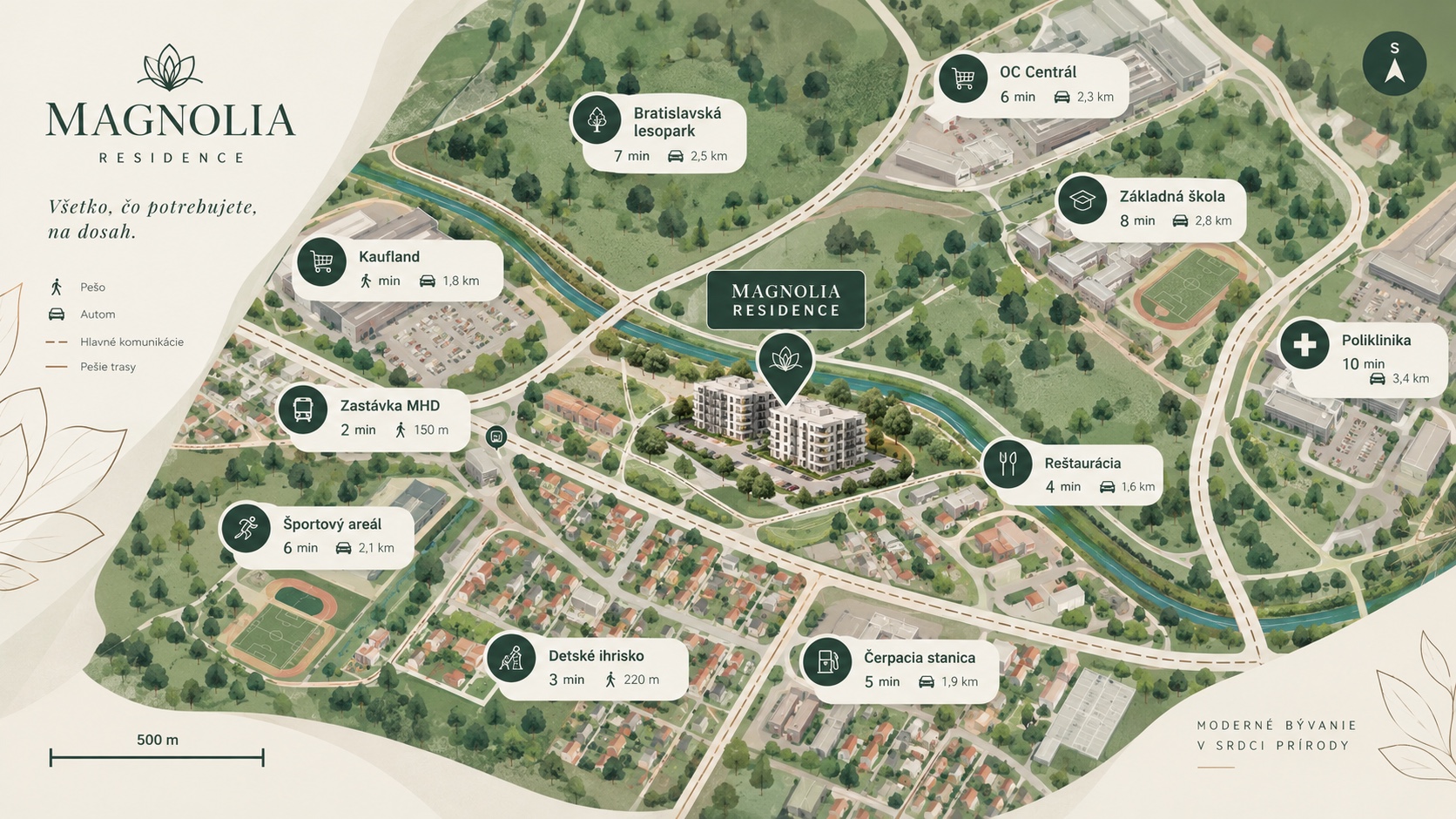 Mapa okolia Rezidencie Magnólia na Polnej ulici v Nitre